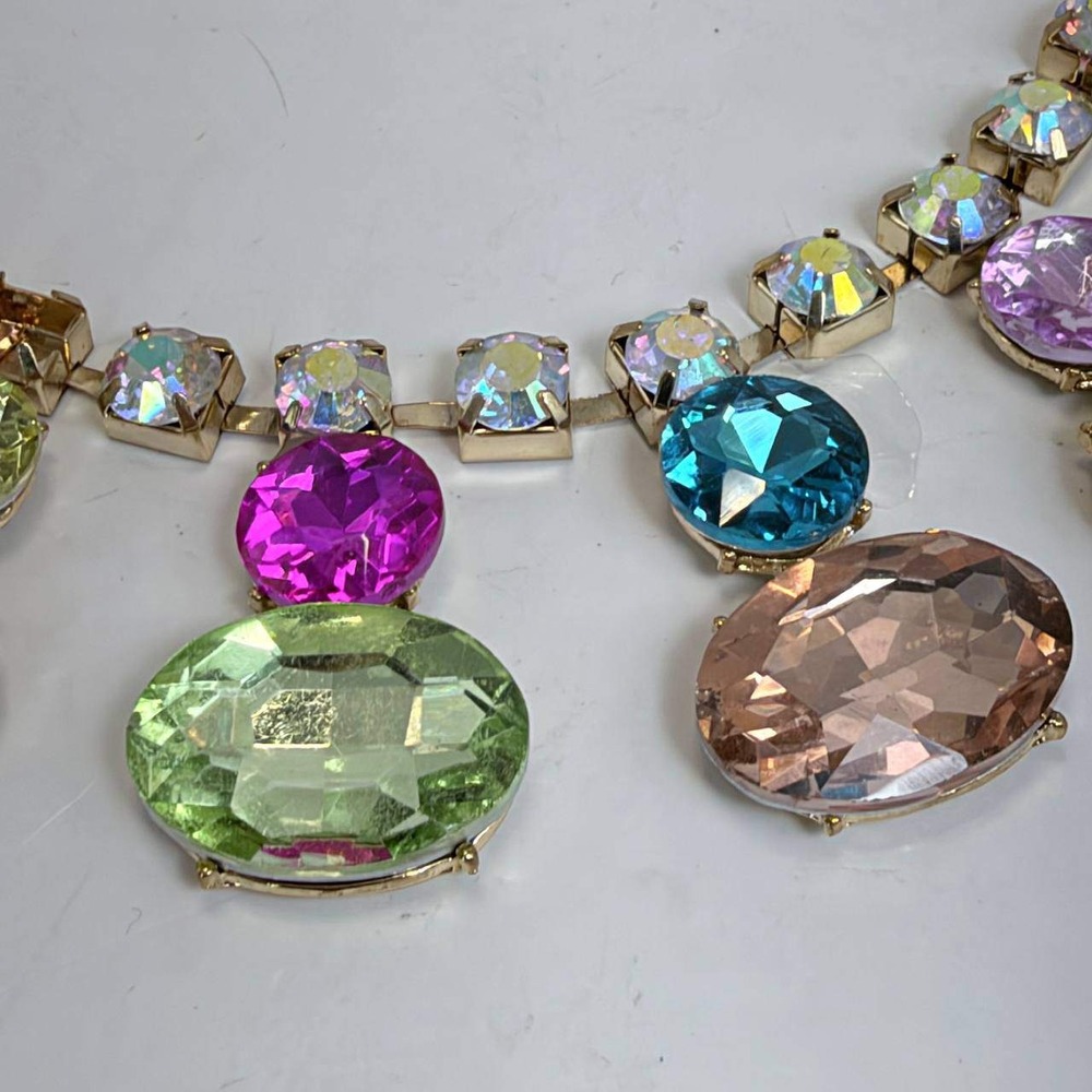 Multi Color Oversized Crystal Statement Necklace Gold Tone Bib Collar AB Accents - Picture 2 of 4